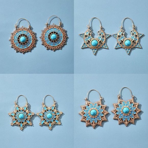 Silver Retro Sunflower Turquoise Dangle Earrings - Picture 6 of 8